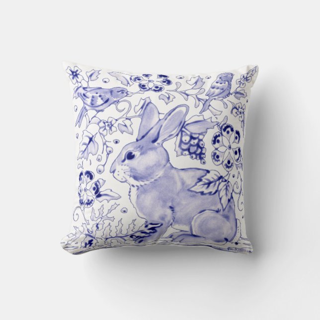 Cojín Decorativo Delft Blue Bunny Aves Conejo Dedham Elegant (Anverso)