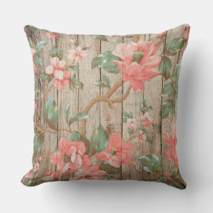 Cojín Decorativo Delicadas flores rosadas vintage con hojas verdes 