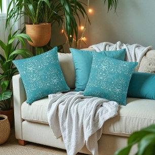 Cojín Decorativo Delicado damasco floral de dos tonos en azul turqu