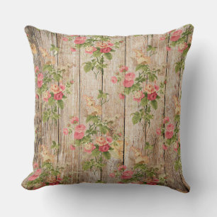 Cojín Decorativo Delicado floral vintage rosa y blanco sobre madera