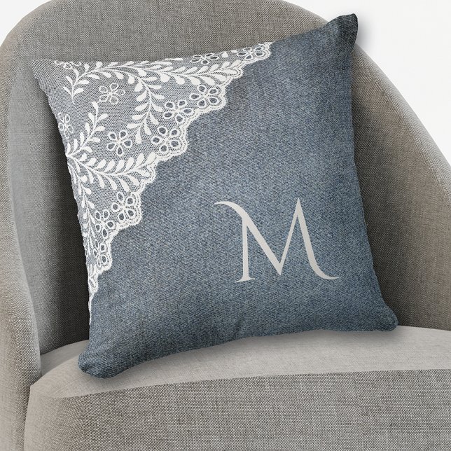 Cojín Decorativo Denim Gris Azul Faux White Lace Corner Monograma (Subido por el creador)