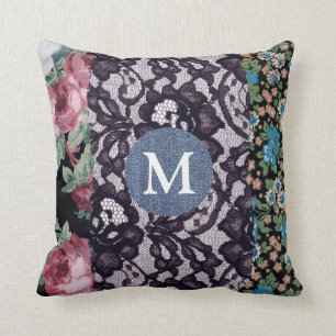 Cojín Decorativo Denim Monograma de tela floral de encaje negro