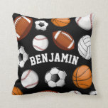 Cojín Decorativo Deporte Todo el nombre personalizado STAR Negro<br><div class="desc">Una almohada negra con una variedad de bolas deportivas y un lugar para el nombre de su destinatario de regalo centrado en ellas.</div>