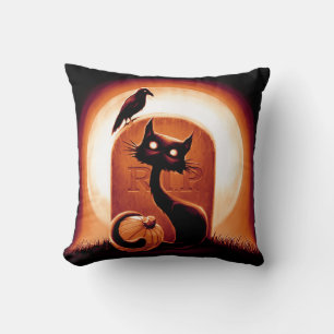 Cojín Decorativo Derpy un gato de Halloween con una lápida