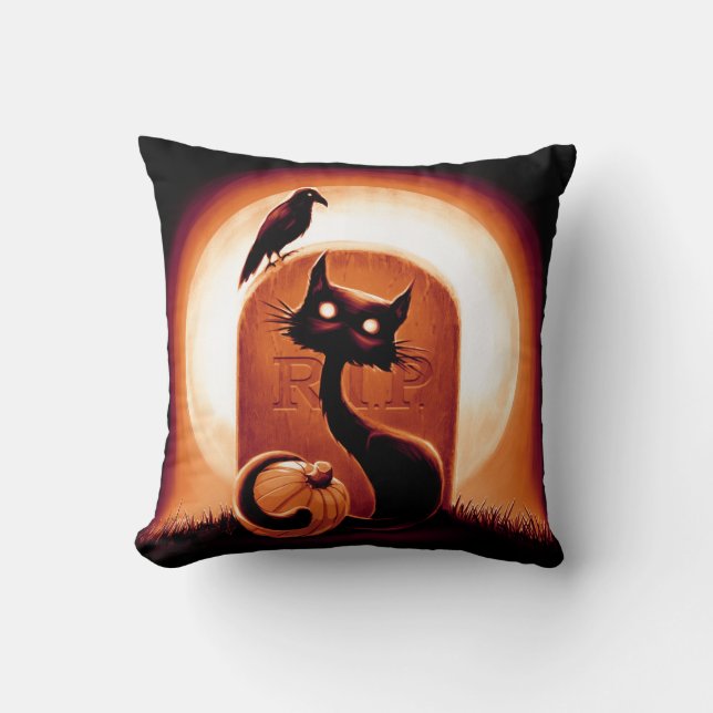Cojín Decorativo Derpy un gato de Halloween con una lápida (Anverso)