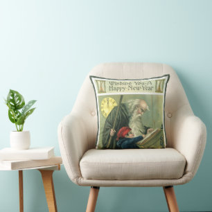 Cojín Decorativo Deseándole un Feliz Año Nuevo, Padre Tiempo Vintag