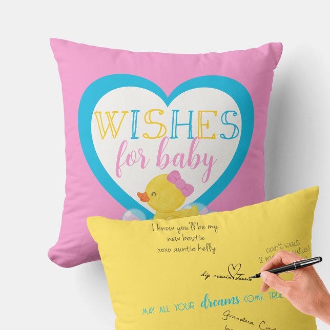 Cojín Decorativo Deseos de pato chica para el autógrafo bebé Firmar (Girl Rubber Duck Baby Shower Wishes for Baby Keepsake Autograph Pillow)