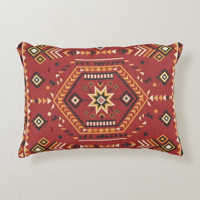 Cojín Decorativo Desert Star Nomad – Vibrant Crimson Tribal Art (Anverso)