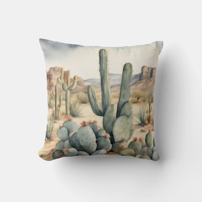 Cojín Decorativo Desierto de acuarela de Cactus (Anverso)