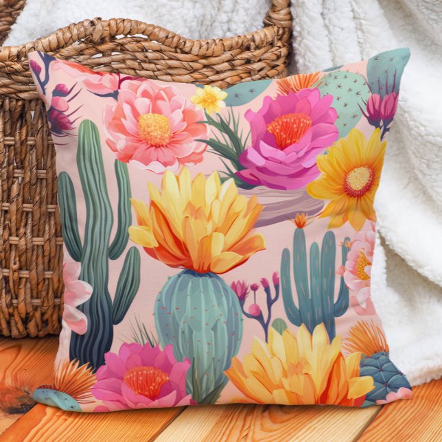 Cojín Decorativo Desierto verde del Naranja amarillo rosado Cactus (Cactus with pink and yellow floral pillow)