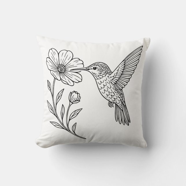 Cojín Decorativo Detailed Hummingbird Line Art with Wildflower (Anverso)