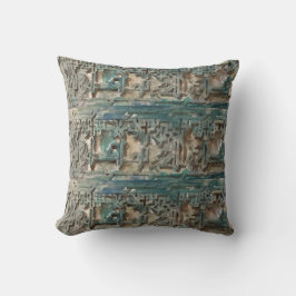 Cojín Decorativo Detalle de Fretwork pintado. Verde, azul, gris.