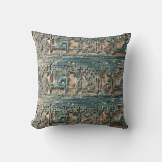 Cojín Decorativo Detalle de Fretwork pintado. Verde, azul, gris. (Anverso)