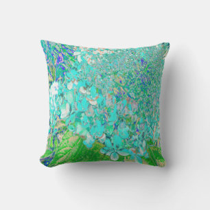 Cojín Decorativo Detalles de Hortensias Elegantes Aqua y Verde Lime