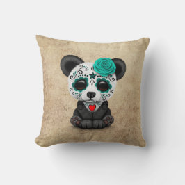 Cojín Decorativo Día azul de la panda muerta del cráneo del azúcar