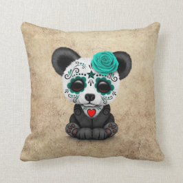 Cojín Decorativo Día azul de la panda muerta del cráneo del azúcar
