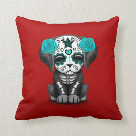 Cojín Decorativo Día azul lindo del rojo muerto del perro de