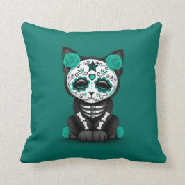 Cojín Decorativo Día azul verde azulado lindo del gato muerto del