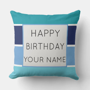 Cojín Decorativo Día de cumpleaños feliz con franjas azules
