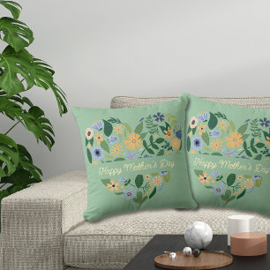 Cojín Decorativo Día de la Madre con Flora de Corazón Azul Verde Mo