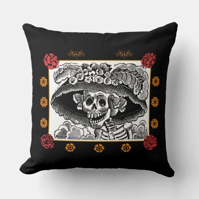 Cojín Decorativo Día de la Muerte - La Catrina con Rosas (Anverso)