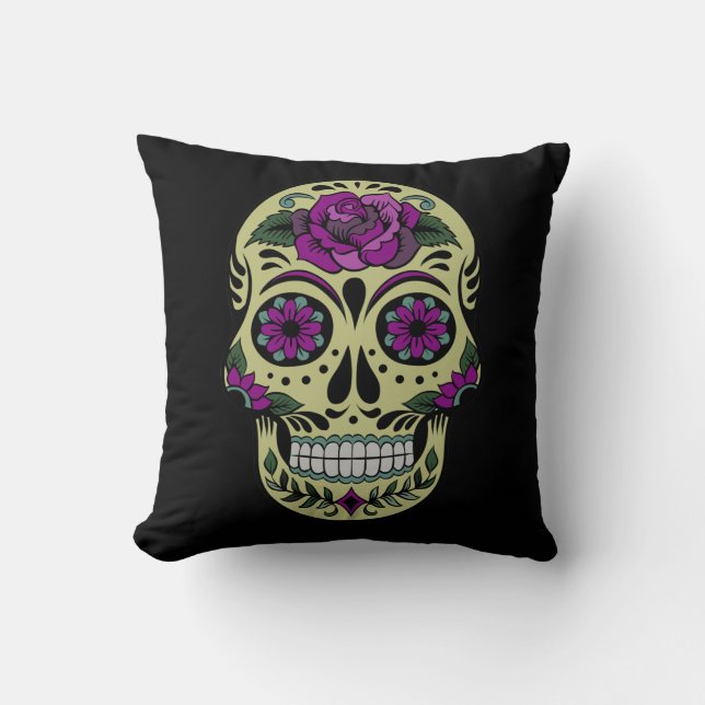 Cojín Decorativo Día de los Muertos con Rosa Púrpura (Anverso)