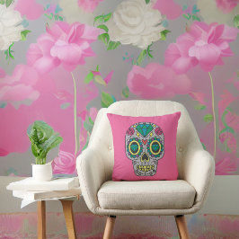 Cojín Decorativo Día de los Rosas muertos y crystal Skull en rosa