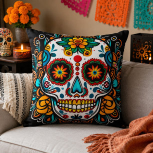 Cojín Decorativo Día de Muertos Calavera de Azúcar Colorida Arte Fo