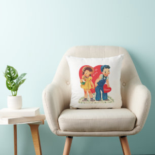 Cojín Decorativo Día de San Valentín Retro, Corazones de Niña y Niñ