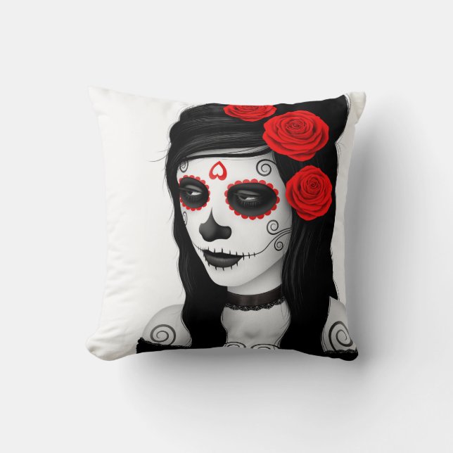 Cojín Decorativo Día del chica muerto con los rosas blancos (Anverso)