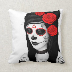 Cojín Decorativo Día del chica muerto con los rosas blancos