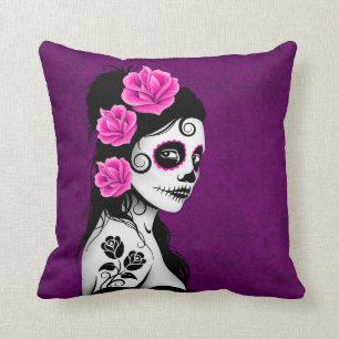Cojín Decorativo Día del chica muerto del cráneo del azúcar -