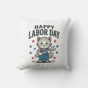 Cojín Decorativo Día Feliz del Trabajo Gato Trabajador Patriótico D