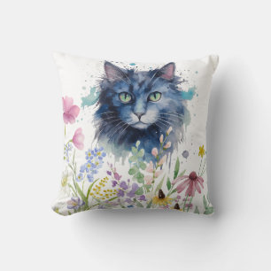 Cojín Decorativo Día Internacional del Gato Acuarela Flor Silvestre