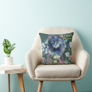 Cojín Decorativo Día Internacional del Gato Acuarela Flor Silvestre