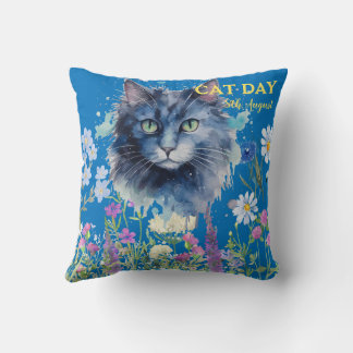 Cojín Decorativo Día Internacional del Gato Acuarela Flor Silvestre