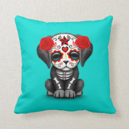Cojín Decorativo Día rojo lindo del azul muerto del perro de