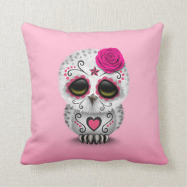 Cojín Decorativo Día rosado lindo del búho muerto del cráneo del