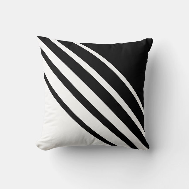 Cojín Decorativo Diagonal Abstracto Rayado de Blanco y Negro (Anverso)