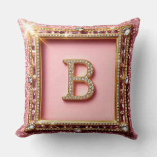 Cojín Decorativo Diamante Inicial B Purpurina Dorada Marco Monogram