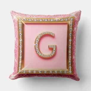 Cojín Decorativo Diamante Inicial G Marco Dorado Monograma de Purpu