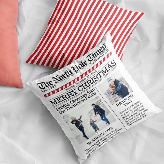 Cojín Decorativo Diario personalizado de Feliz Navidad (Christmas cute whimsical newspaper print photo throw pillow.)