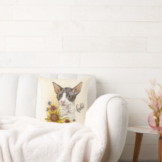 Cojín Decorativo Dibujo a mano Cornish Rex cat con girasoles