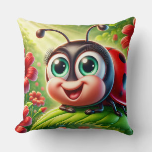 Cojín Decorativo Dibujo adorable de una mariquita en un jardín vibr