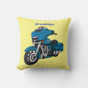 Cojín Decorativo Dibujo animado de motocicleta azul feliz lindo