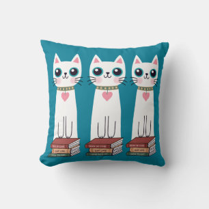 Cojín Decorativo Dibujo Caprichoso Gato Blanco Y Libros