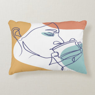 Cojín Decorativo dibujo de arte de línea de póster de mujer bebiend