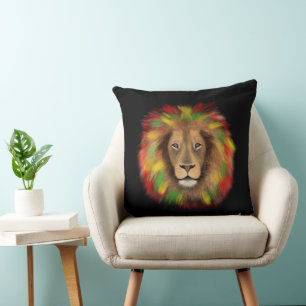 Cojín Decorativo Dibujo de cabeza de león Rasta rojo amarillo verde