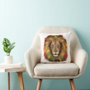 Cojín Decorativo Dibujo de cabeza de león Rasta rojo amarillo verde