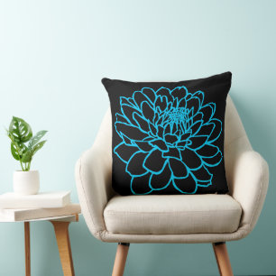 Cojín Decorativo Dibujo de crisantemo - Azul cielo sobre negro